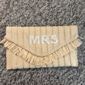 Chic Beige Woven Clutch with White Fringe